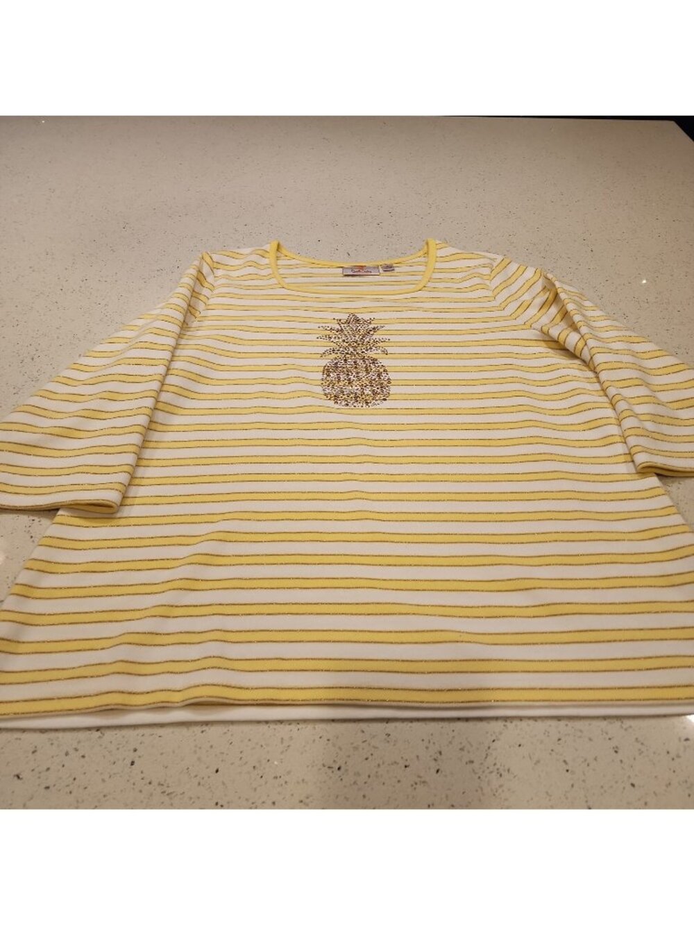 Quacker Factory Tunic Top Womens L Yellow White Sequins Gold Pineapple
